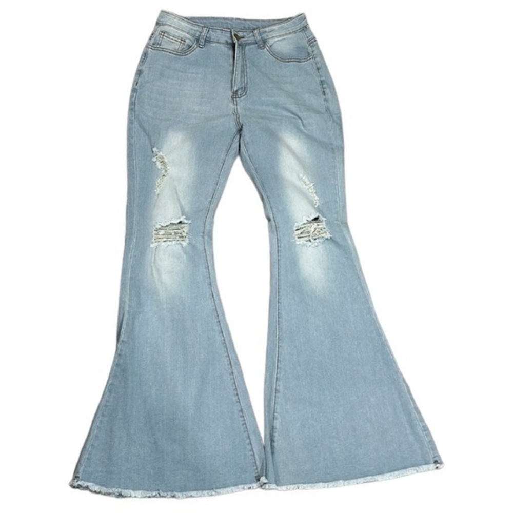 Women’s High Rise Stretc Bell Bottom Flare Distressed Ripped Jeans Medium Size 8